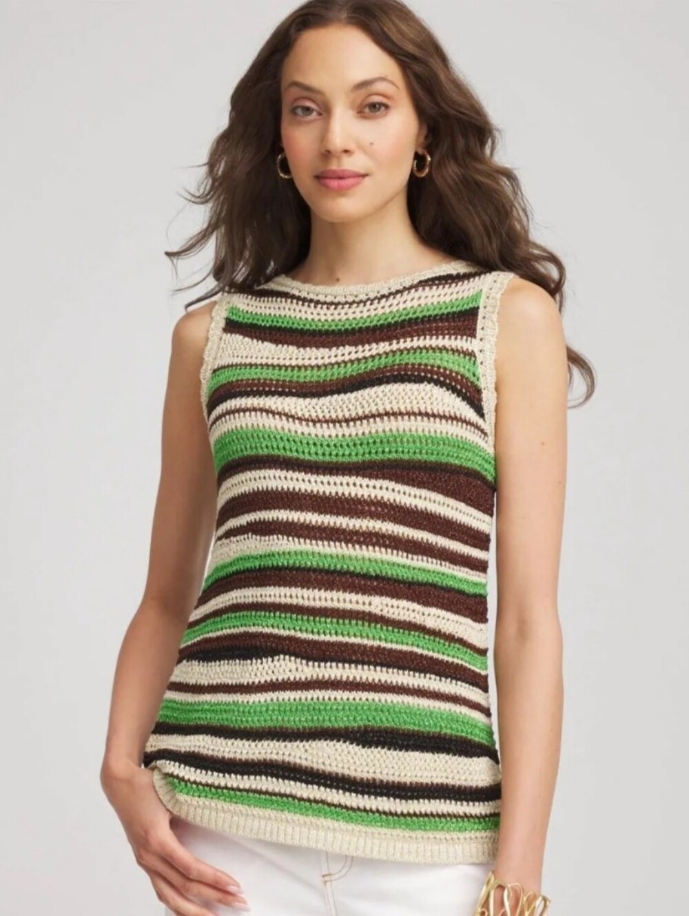 Chico's Contemporary Striped Sweater Tank  Green Brown Sleveless Top Metallic M